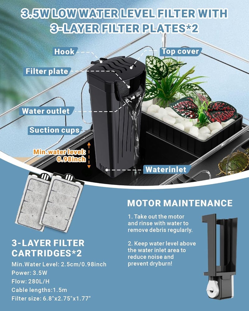 GOZILLA Small Turtle Tank Kit(Tank+Lamp+Filter), Acrylic Turtle Starter Kit with Adjustable Lamp, Reptile Habitat and Terrarium with Multi-Functional Areas for Small Reptiles. (Black Kit) - Image 5